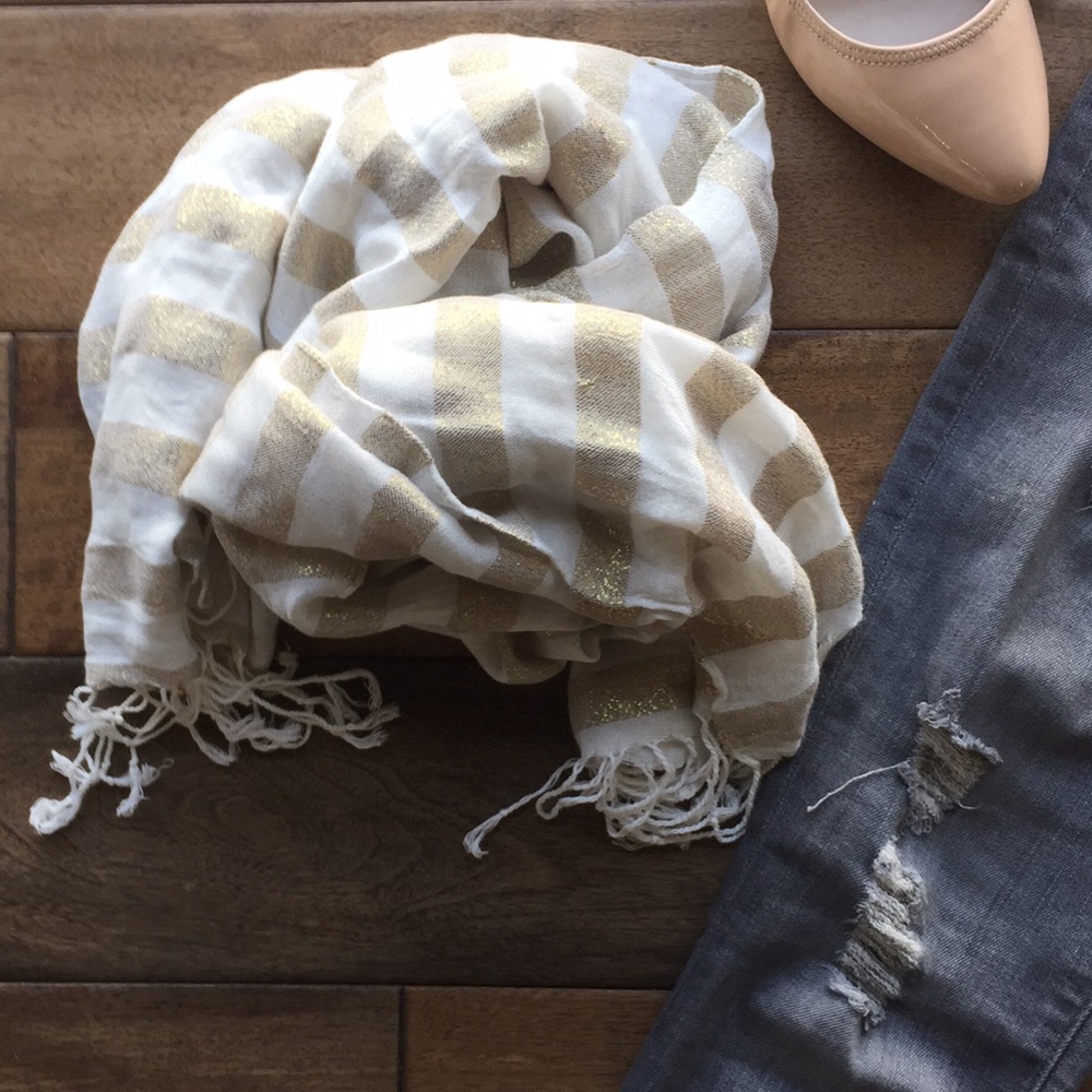 Shimmery stripe fringe scarf in gold and beige